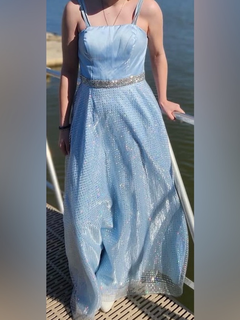 Elegant Light Blue Prom Dress with Beaded Waist
